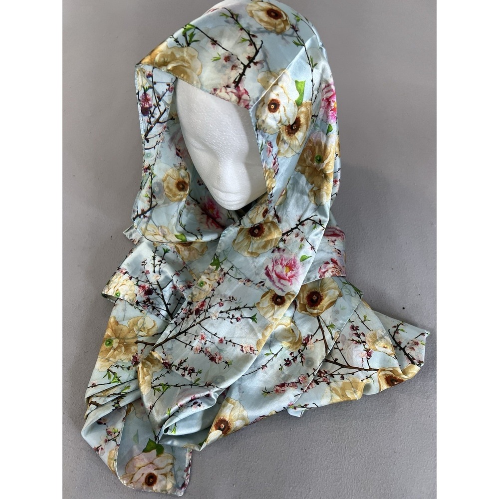 Women's Blossoms Floral Sky Blue Printed 100% Silk Scarf Wrap 28"x64"
